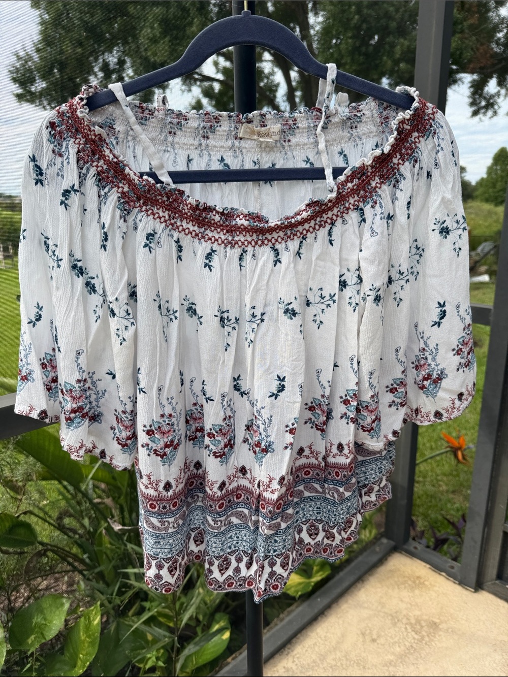 Rewind White Peasant Tunic with Red & Blue Floral Trim